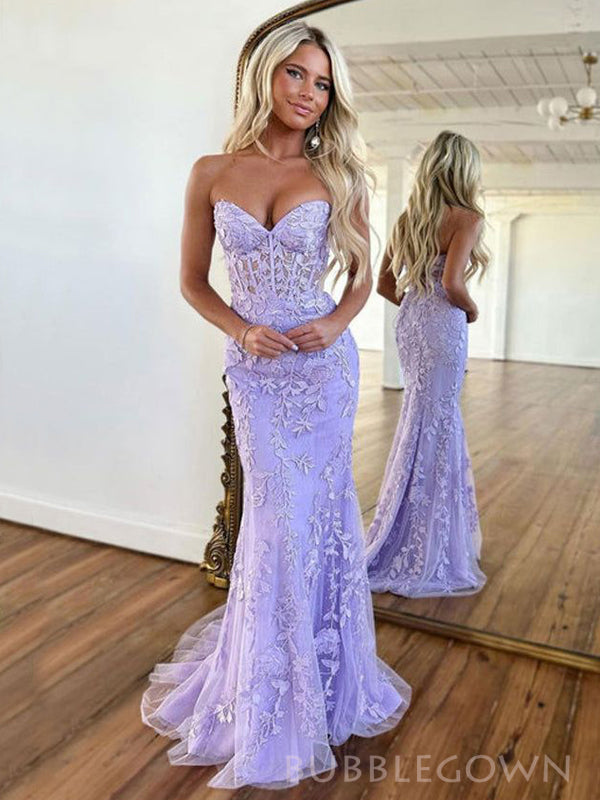 Mermaid Lilac Tulle Appliques Sweetheart Strapless Long Evening Prom Dresses, Custom Prom Dress, BGS0187