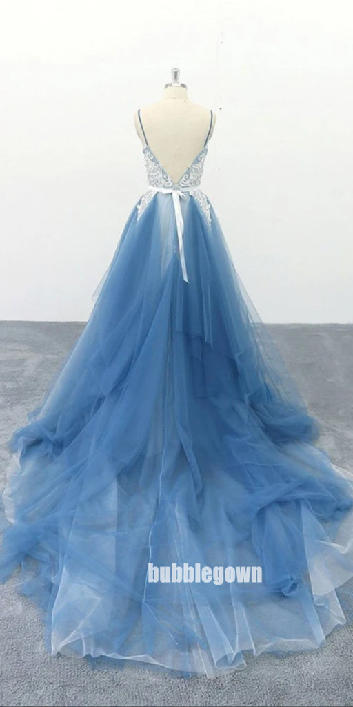 Elegant V-neck Spaghetti Strap Lace Tulle Long Prom Dresses FP1210