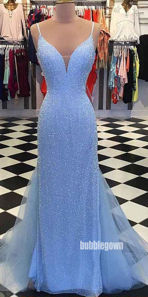 Elegant Blue Spaghetti Straps Tulle Long Prom Dresses FP1218