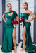 Mismatched Mermaid Emerald Green Satin Side Slit Long Bridesmaid Dresses , BGB0006