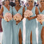 Sky Blue Chiffon High Slit Cheap Long Bridesmaid Dresses , BGB0023