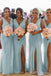 Sky Blue Chiffon High Slit Cheap Long Bridesmaid Dresses , BGB0023