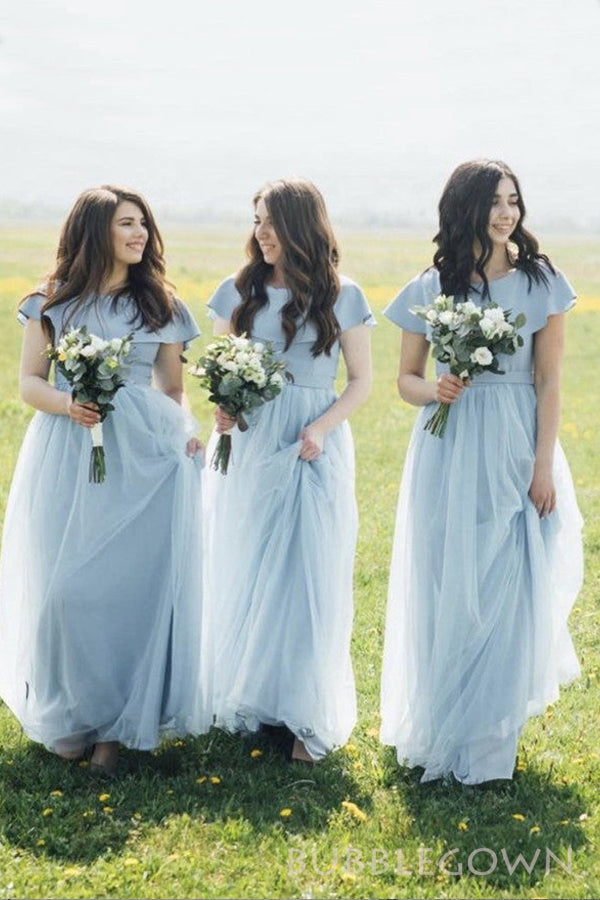 Dusty Blue Tulle A-line Long Custom Bridesmaid Dresses , BGB0027