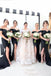 Off Shoulder Black Satin Mermaid Side Slit Cheap Long Custom Bridesmaid Dresses , BGB0033