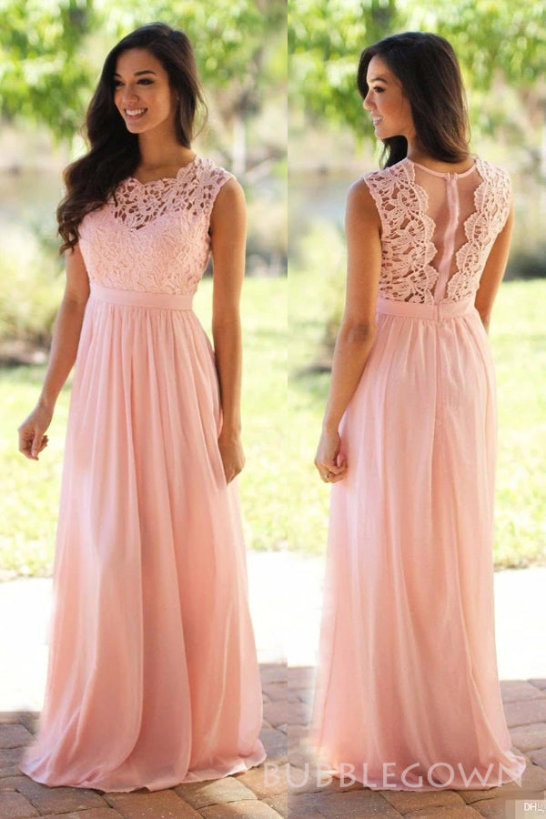 A-line Peach Chiffon Lace Cheap Long Custom Bridesmaid Dresses , BGB0047