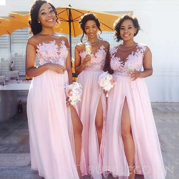 Pink A-line Chiffon Appliques Cheap Side Slit Long Custom Bridesmaid Dresses , BGB0050