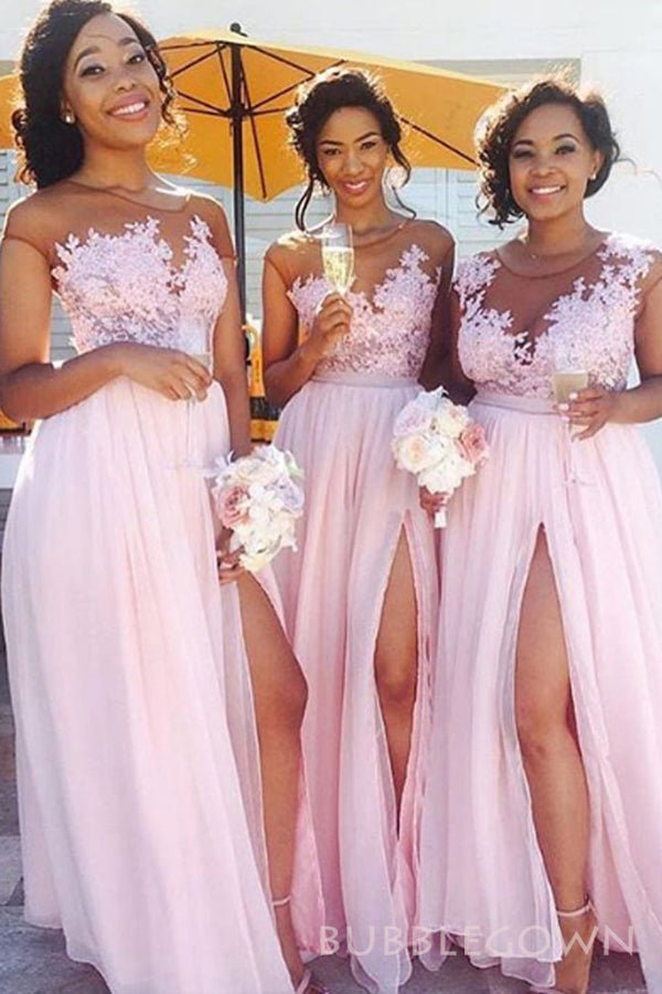 Pink A-line Chiffon Appliques Cheap Side Slit Long Custom Bridesmaid Dresses , BGB0050