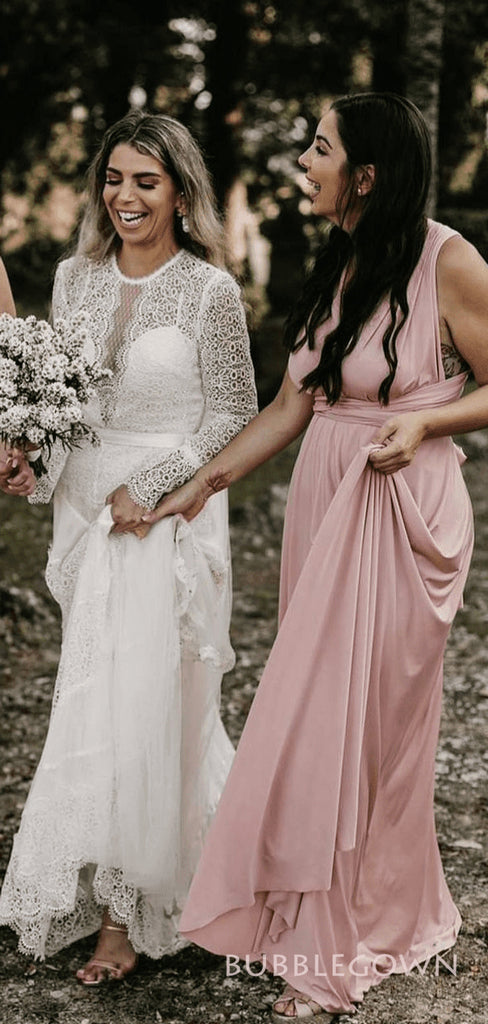 A-line Pink V-neck Cheap Long Custom Bridesmaid Dresses , BGB0071