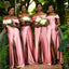Pink Satin Mermaid Off Shoulder Long Custom Side Slit Bridesmaid Dresses, BGB0079