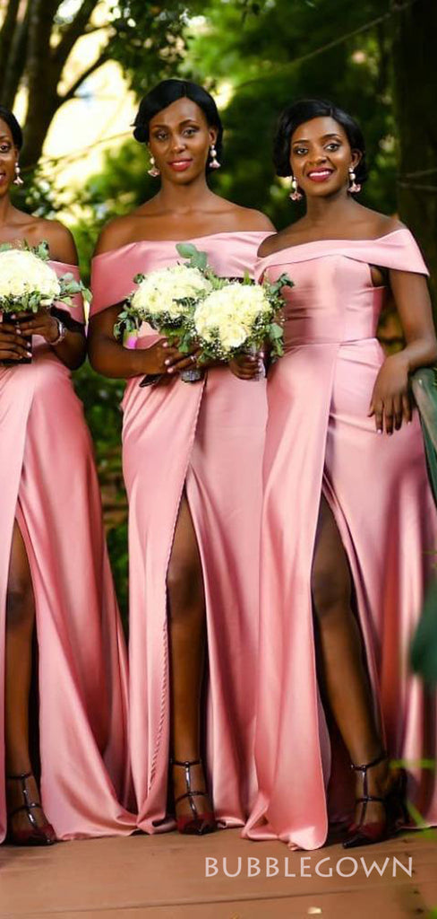 Pink Satin Mermaid Off Shoulder Long Custom Side Slit Bridesmaid Dresses, BGB0079