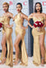 Mismatched Gold Satin Mermaid Side Slit Long Custom Bridesmaid Dresses, BGB0095
