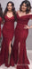 Dark Red Satin Mermaid Side Slit Long Custom Off Shoulder Bridesmaid Dresses, BGB0117