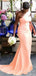 One Shoulder Peach Satin Mermaid Long Custom Bridesmaid Dresses, BGB0119