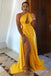 Yellow Satin One Shoulder Long Custom High Slit Bridesmaid Dresses, BGB0123