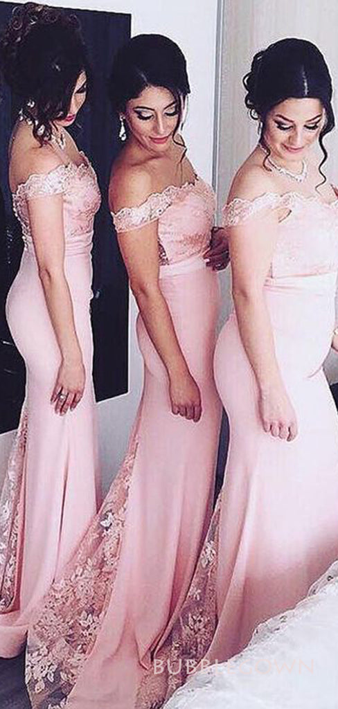 Pretty Pink Mermaid Appliques Long Custom Off Shoulder Bridesmaid Dresses, BGB0127