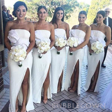 Strapless Mermaid White Long Custom Side Slit Bridesmaid Dresses, BGB0133