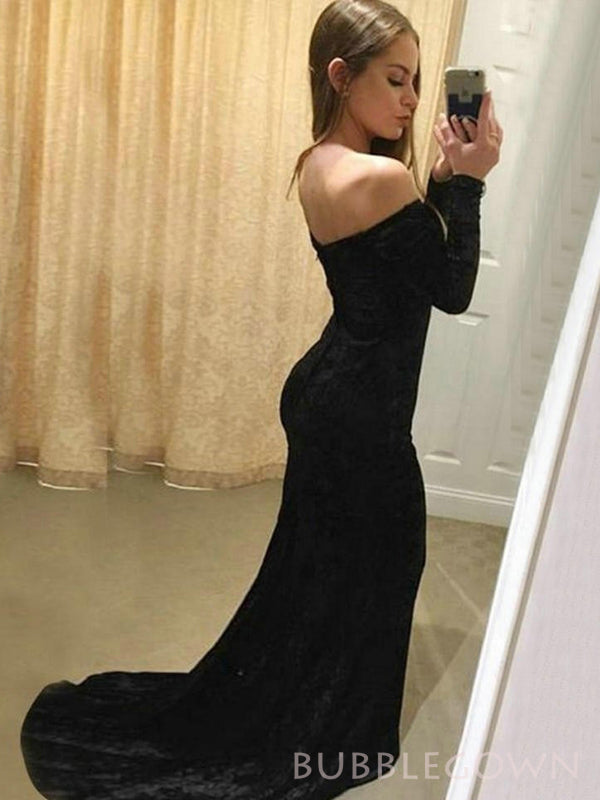 Black Velvet Off Shoulder Mermaid Long Evening Prom Dresses, Custom Long Sleeves Prom Dresses, BGS0247