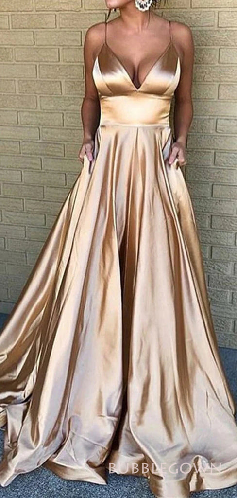 A-line Gold Satin V-neck Long Evening Prom Dresses, Custom Spaghetti Straps  Prom Dresses, BGS0249