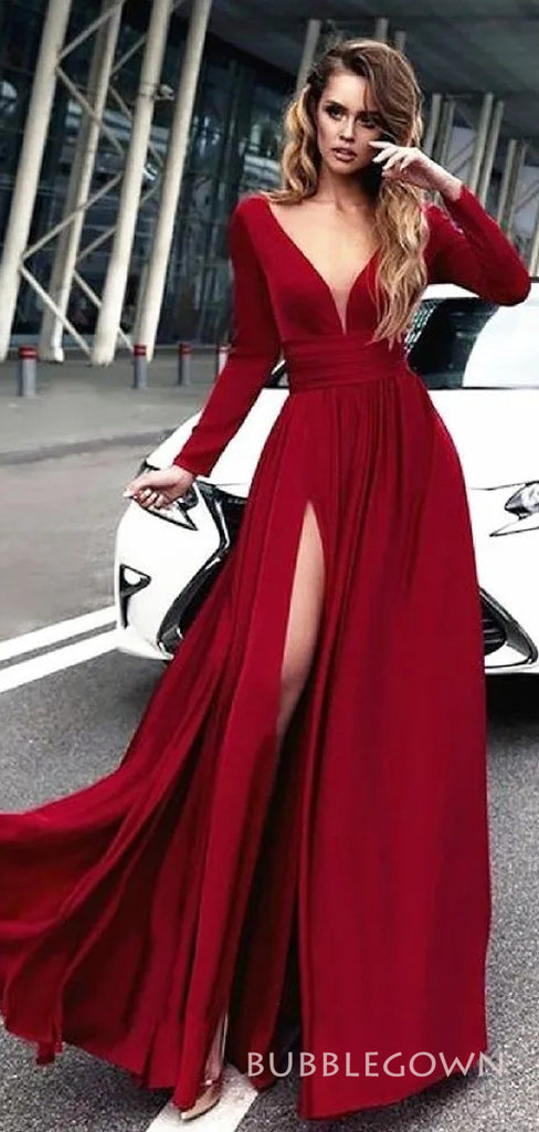 Sexy Red A-line Long Sleeves Long Evening Prom Dresses, Custom V-neck Prom Dresses, BGS0251