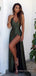 Deep V-neck Clover Satin Side Slit Long Evening Prom Dresses, Custom Spaghetti Straps Prom Dresses, BGS0262