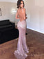 Simple Spaghetti Straps Mermaid Sequins Long Evening Prom Dresses, Custom V-neck Prom Dresses, BGS0263