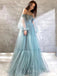 Off Shoulder Dusty Blue Tulle Long Evening Prom Dresses, Custom A-line Prom Dresses, BGS0264