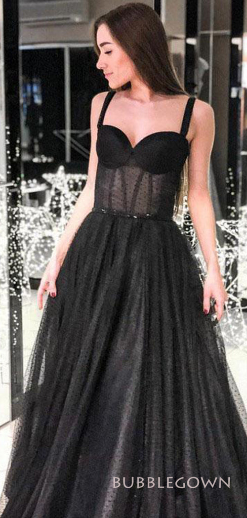 A-line Black Tulle Straps Long Evening Prom Dresses, Custom Sweetheart Prom Dresses, BGS0274