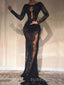 Black Tulle Lace Mermaid Long Sleeves Long Evening Prom Dresses, Custom High Slit Prom Dresses, BGS0275