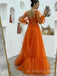 Long Sleeves Orange Tulle Long Evening Prom Dresses, Custom A-line Prom Dresses, BGS0277