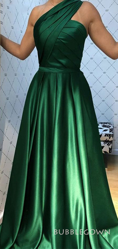 Emerald Satin A-line One Shoulder Long Evening Prom Dresses, Custom Cheap Prom Dresses, BGS0280