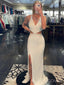 V-neck White Sequins Mermaid Long Evening Prom Dresses, Side Slit Sparkly Prom Dresses, BGS0281
