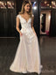 Sparkly Champagne Tulle Appliques Long Evening Prom Dresses, A-line V-neck Prom Dresses, BGS0282
