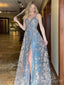 Blue A-line Spaghetti Straps Appliques Long Evening Prom Dresses, V-neck Appliques Prom Dresses, BGS0285