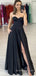 A-line Black Satin Strapless Long Evening Prom Dresses, Sweetheart Prom Dress, BGS0286