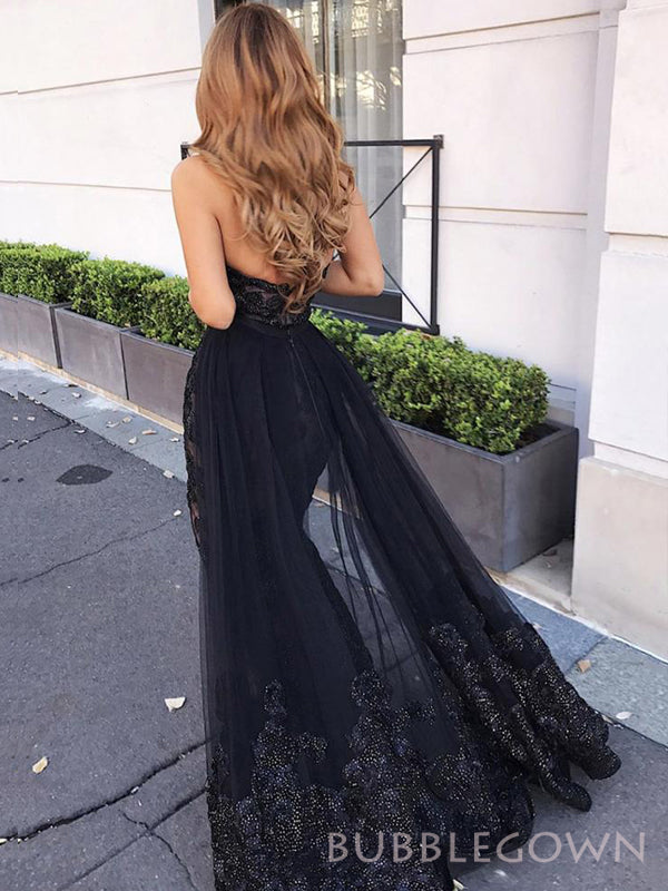 Black Tulle Appliques Mermaid Strapless Long Evening Prom Dresses, Sweetheart Prom Dresses, BGS0287