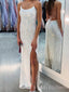 White Sequins Spaghetti Straps Mermaid Long Evening Prom Dresses, Side Slit Custom Prom Dress, BGS0297
