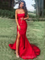 Gorgeous Red Satin Mermaid Side Slit Long Evening Prom Dresses, Strapless Prom Dress, BGS0299