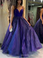 Sparkly A-line Blue Tulle Long Evening Prom Dresses, V-neck Custom Prom Dress, BGS0303