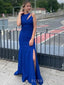 Royal Blue Satin Side Slit Long Evening Prom Dresses, Mermaid Custom Prom Dress, BGS0310