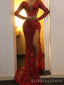 Unique Red Tulle Appliques Mermaid Evening Prom Dresses, Sparkly Long Sleeves Prom Dress, BGS0313