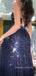 Sexy V-neck Mermaid Spaghetti Straps Navy Blue Sequins Long Evening Prom Dresses, BGS0321