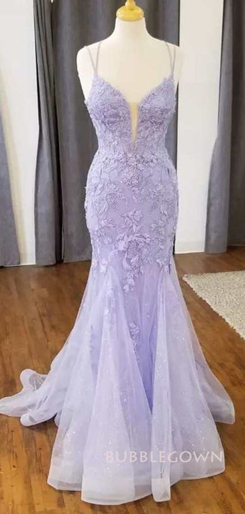 Popular Lilac Tulle Mermaid V-neck Long Evening Prom Dresses, Appliques Prom Dresses, BGS0323