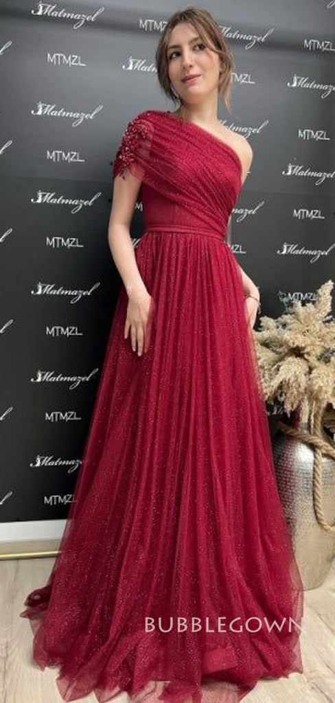One Shoulder Red Tulle Sparkly A-line Long Evening Prom Dresses, BGS0329