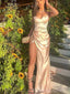 V-neck Satin Mermaid Strapless Long Evening Prom Dresses, Side Slit Prom Dress, BGS0332