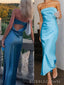 Strapless Blue Satin Mermaid Long Evening Prom Dresses, Backless Prom Dress, BGS0333
