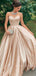 Sweetheart Champagne Satin A-line Long Evening Prom Dresses, BGS0339
