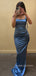 Blue Satin Mermaid High Slit Long Evening Prom Dresses, BGS0343