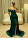 Emerald Green Satin Mermaid Off Shoulder Long Evening Prom Dresses, BGS0344
