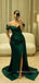 Emerald Green Satin Mermaid Off Shoulder Long Evening Prom Dresses, BGS0344