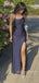 Navy Blue Mermaid Spaghetti Straps Long Evening Prom Dresses, BGS0345